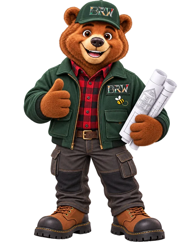 The BRW bear in a green work jacket, giving a thumbs up and holding rolled house plans